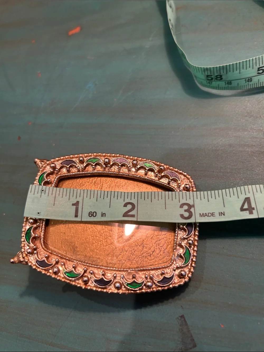 Vintage Ornate Gold Tone Mini Picture Frames with Green/Navy Enamel Accents